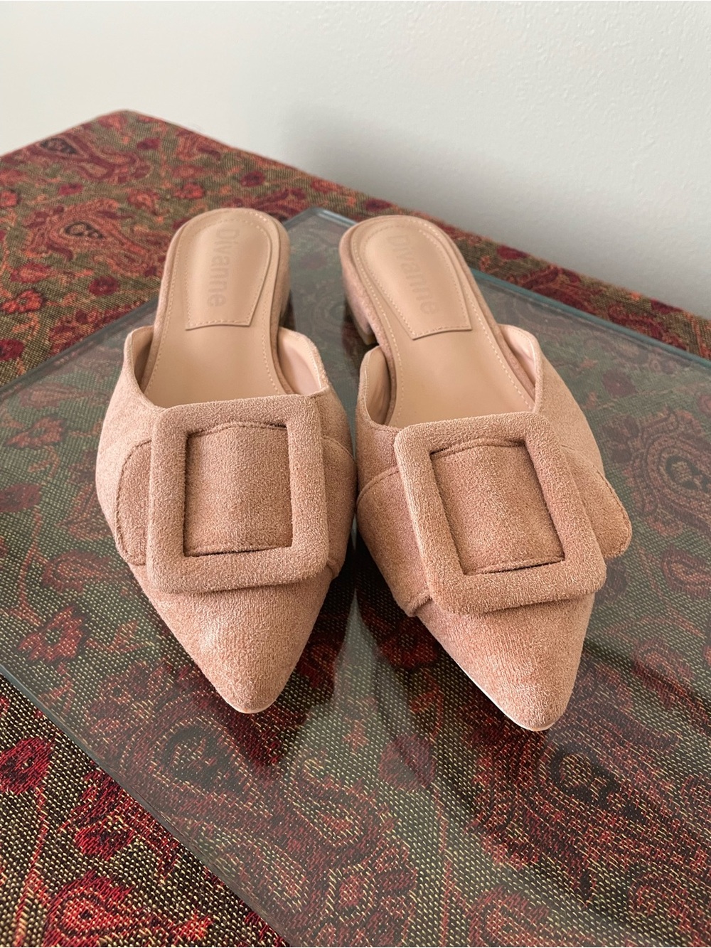 Pointed Toe Mules in Tan Suede with Decorative Buckle